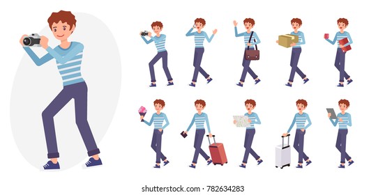 Cartoon character design male man collection in ten different pose and gesture