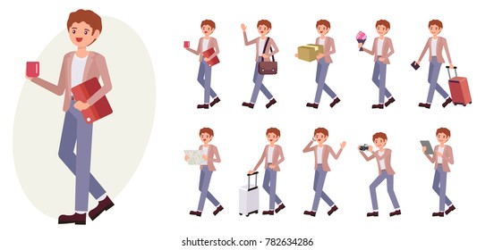 Cartoon character design male man collection in ten different pose and gesture