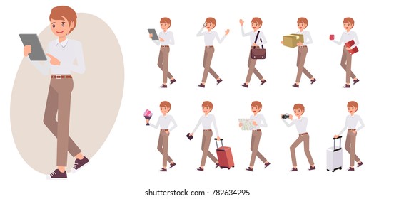 Cartoon character design male man collection in ten different pose and gesture