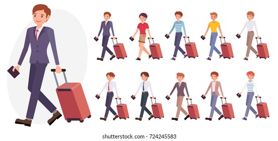 Cartoon character design male office man in suit business trip with luggage passport collection