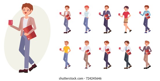 Cartoon character design male office man stand holding coffee cup and documents collection