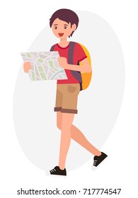 Cartoon character design male young boy backpacker watch map look for the way