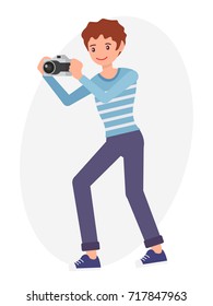 Cartoon character design male young man take picture with camera