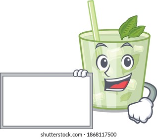 Cartoon character design of mojito lemon cocktail holding a board