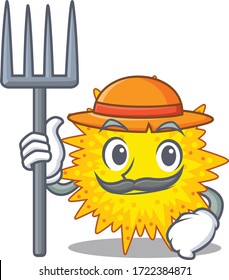 Cartoon character design of mycoplasma as a Farmer with hat and pitchfork