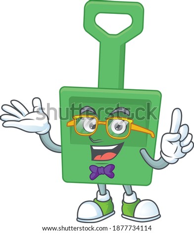 Cartoon character design of nerd green sand bucket with weird glasses. Vector illustration