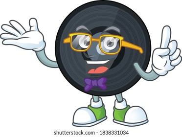 Cartoon character design of nerd music viynl disc with weird glasses. Vector illustration