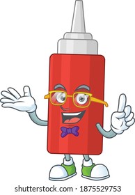 Cartoon character design of nerd sauce bottle with weird glasses. Vector illustration