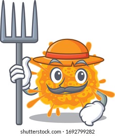 Cartoon character design of nobecovirus as a Farmer with hat and pitchfork