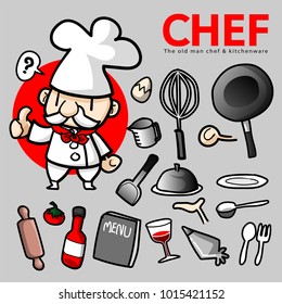 Cartoon character design, The old man chef and kitchenware. [Version hard stroke]