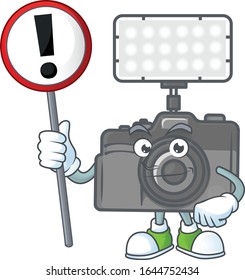 Cartoon character design of photo camera with lighting rise up a broad