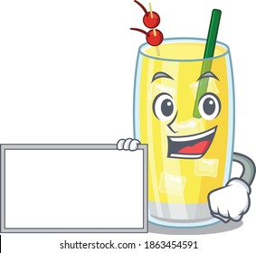 Cartoon character design of pina colada cocktail holding a board