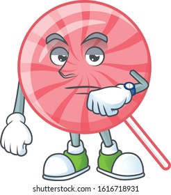 cartoon character design of pink round lollipop on a waiting gesture