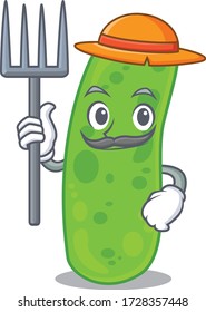Cartoon character design of propioni bacteia as a Farmer with hat and pitchfork