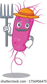 Cartoon character design of pseudomoa bacteria as a Farmer with hat and pitchfork