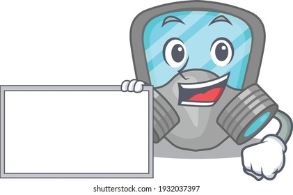 Cartoon character design of respirator mask holding a board