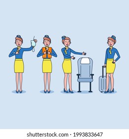 Diseño Cartoon Character. Conjunto de un personaje Stewardes con uniforme azul y amarillo. Las aeromozas demuestran el uso de equipos de emergencia a bordo de los pasajeros. Diseño plano de ilustración de vector