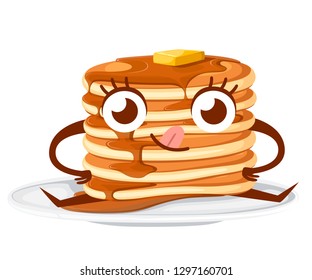 Cartoon character design. Stack of pancakes with maple syrup and piece of butter. Flat vector illustration isolated on white background. Pancakes on white plate, mascot.