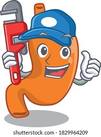 cartoon character design of stomach as a Plumber with tool