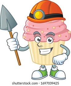 cartoon character design of strawberry cupcake work as a miner