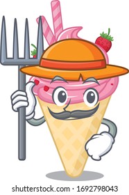 Cartoon character design of strawberry ice cream as a Farmer with hat and pitchfork