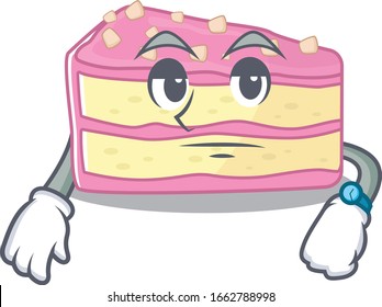 cartoon character design of strawberry slice cake on a waiting gesture