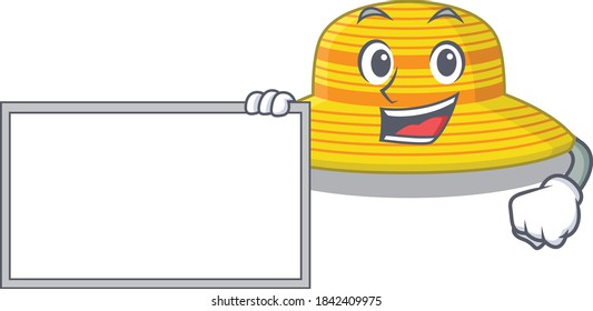 Cartoon character design of summer hat holding a board