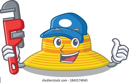 cartoon character design of summer hat as a Plumber with tool