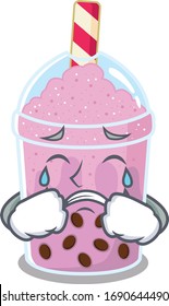 Cartoon character design of taro bubble tea with a crying face