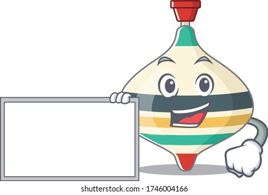 Cartoon character design of top toy holding a board