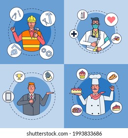 Cartoon Character design. Various of people different professions job and occupations character with gear of carriers foreman, doctor, chef, businessman. Vector flat illustration