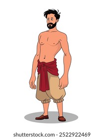 A cartoon character design of a village poor man wearing only dhoti