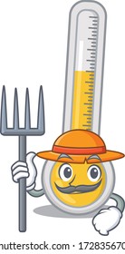 Cartoon character design of warm thermometer as a Farmer with hat and pitchfork