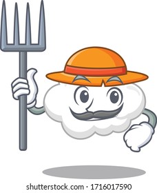 Cartoon Charakter Design der weißen Wolke als Farmer mit Hut und Pitchgabel