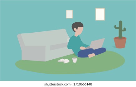 cartoon character design working at home.work from home.freedom, in living room.