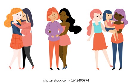 Cartoon character design of young lesbians with babies. People hugging, being in love. Homosexual family collection.