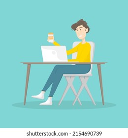 Cartoon character design, Young man sitting with coffee mug, Talking chat on laptop, Vector illustration online.