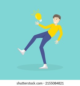 Cartoon character design, Young man standing with lighting idea, Vector illustration online. 