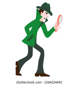 Cartoon character. Detective look through magnifying glass and look for evidence. Vector color illustration.