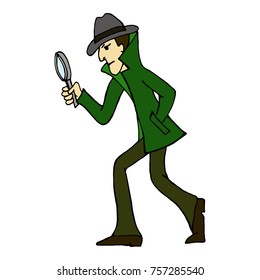 Cartoon character. Detective look through magnifying glass and look for evidence. Vector color illustration