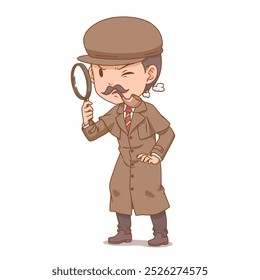 Personaje de dibujos animados del detective mirando a través de una lupa.
