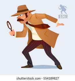 cartoon character, detective looking through magnifying glass, vector color illustration 