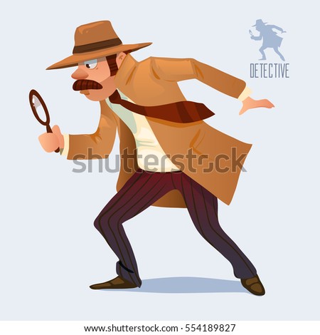 cartoon character, detective looking through magnifying glass, vector color illustration 