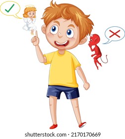 Cartoon character with devil and angel fighting in thought illustration