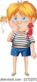 Cartoon character with devil and angel fighting in thought illustration