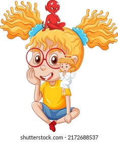Cartoon character with devil and angel fighting in thought illustration
