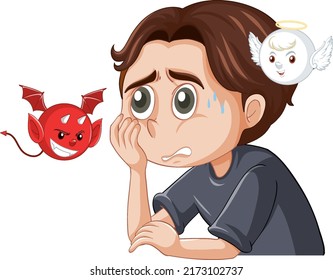 Cartoon character with devil and angel fighting in thought illustration