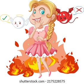 Cartoon character with devil and angel fighting in thought illustration