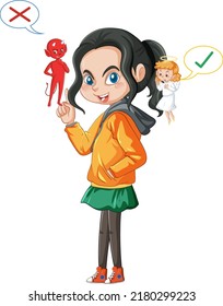 Cartoon character with devil and angel fighting in thought illustration