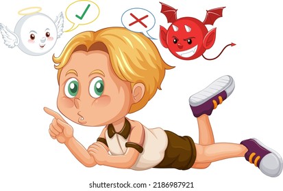 Cartoon character with devil and angel fighting in thought illustration